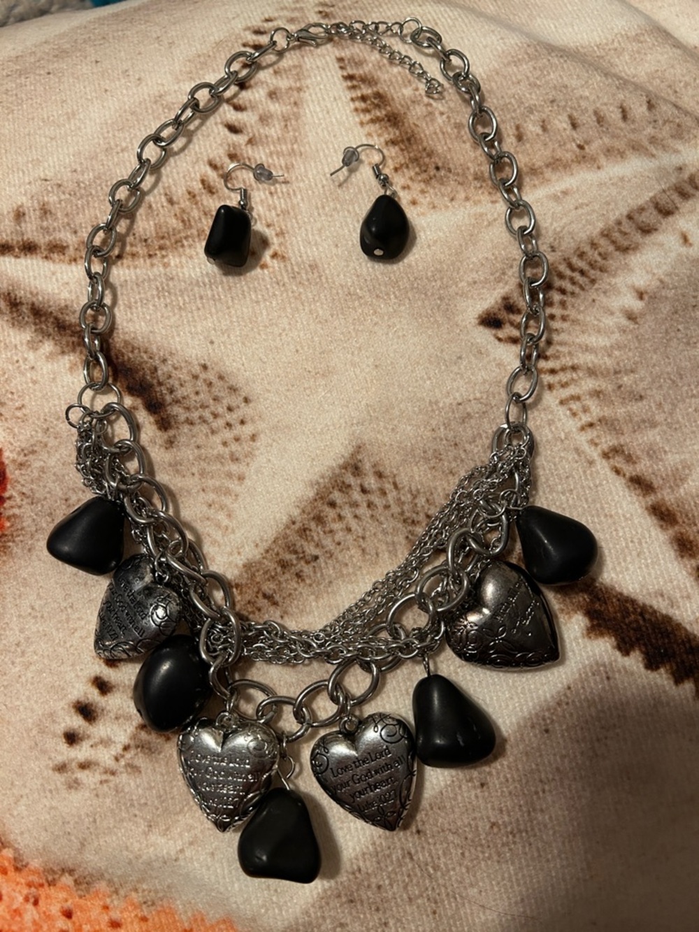 Silver Heart Charm Necklace with Black Accents - Women's Jewelry